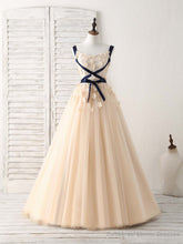Unique Champagne Lace Tulle Long Prom Dress, Champagne Evening